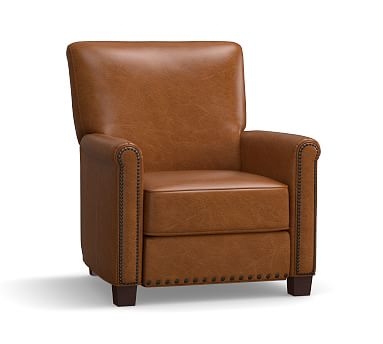 Irving Roll Arm Leather Recliner with Nailheads, Polyester Wrapped Cushions, Leather Vintage Caramel - Image 0