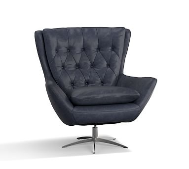 Wells Leather Swivel Armchair with Shearling, Polyester Wrapped Cushions, Statesville Indigo Blue - Image 3