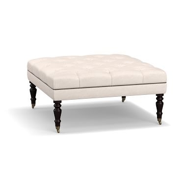 Raleigh Upholstered Tufted Square Ottoman with Turned Black Legs &amp; Bronze Nailheads, Performance Twill Cadet Navy - Image 1
