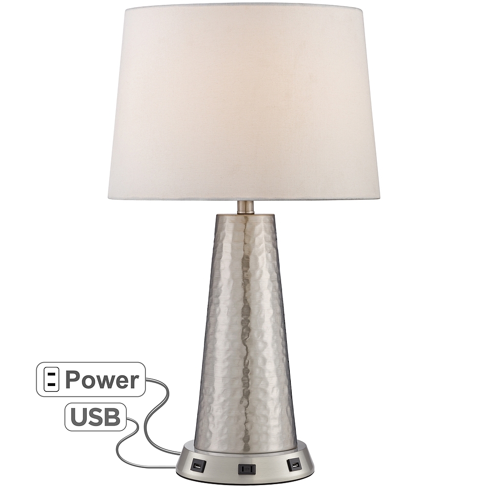 360 Lighting Silver Leaf Hammered Metal Lamp with USB Workstation Base - Image 0