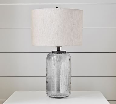 Alana Luster Glass Cylinder Table Lamp, Indigo Base with Small Straight Sided Linen Drum Shade, Flax Linen - Image 0