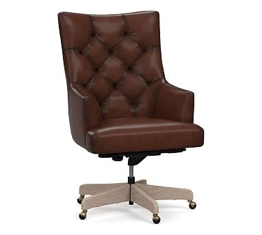 Radcliffe Tufted Leather Swivel Desk Chair, Gray Wash Base, Burnished Walnut - Image 0