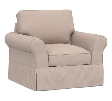 PB Comfort Roll Arm Slipcovered Armchair 39", Box Edge Memory Foam Cushions, Performance Heathered Tweed Desert - Image 0