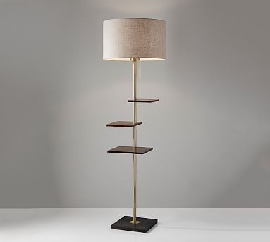 Gracie Shelf Floor Lamp, Antique Brass &amp; Walnut - Image 0