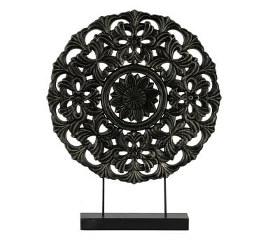 Round Floral Wooden Wheel On Stand, Small, Black - Image 1