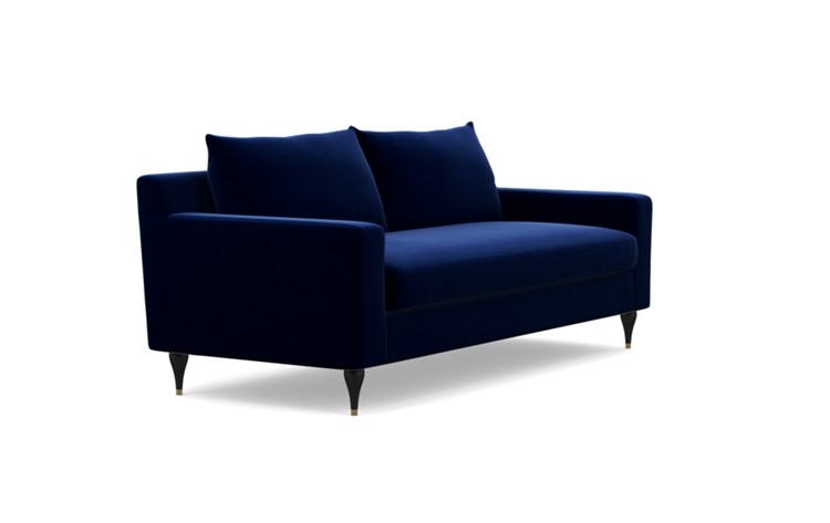 Sloan Sofa with Oxford Blue Fabric, Matte Black with Brass Cap legs, and Bench Cushion - Image 1