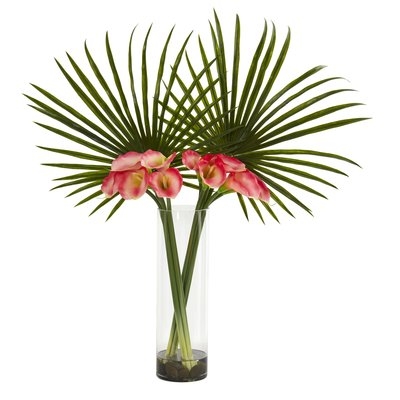 Fan and Calla Lily Floor Flowering Palm Plant in Decorative Vase - Image 0