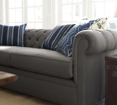 Chesterfield Roll Arm Upholstered Sofa 88", Polyester Wrapped Cushions, Textured Twill Light Gray - Image 2