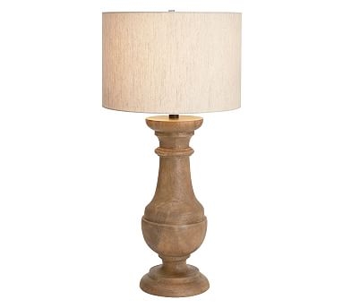 Finn Turned Wood Table Lamp, Wood Base with Medium Straight Sided Linen Drum Shade, Flax Linen - Image 0