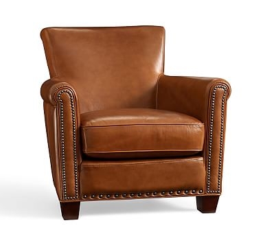 Irving Leather Armchair, Bronze Nailheads, Polyester Wrapped Cushions, Leather Vintage Caramel - Image 0