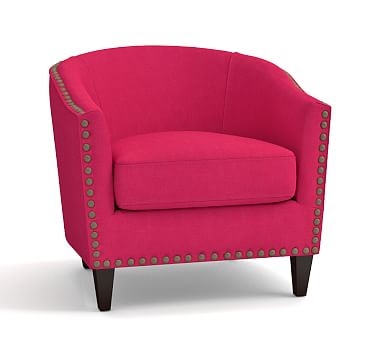 Harlow Upholstered Armchair with Bronze Nailheads, Polyester Wrapped Cushions, Linen Blend Pink Magenta - Image 2