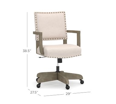 Manchester Upholstered Swivel Desk Chair with Seadrift Base and Antique Brown Nailheads, Basketweave Slub Ivory - Image 4
