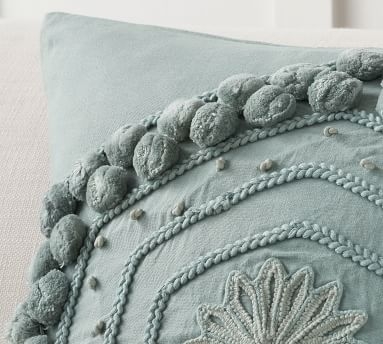 Pom Pom Embroidered Pillow Cover, 20", Porcelain Blue - Image 2