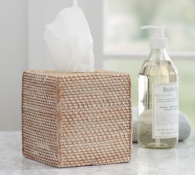 Tava Handwoven Rattan Tissue Box Cover, White Wash - Image 1