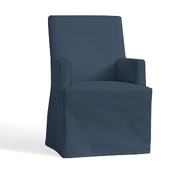 PB Comfort Square Arm Dining Long Slipcovered Armchair, Brushed Crossweave Navy - Image 0