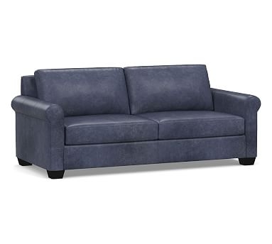 York Roll Arm Leather Sofa 83", Polyester Wrapped Cushions, Statesville Indigo - Image 0