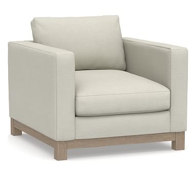 Jake Upholstered Armchair with Wood Legs, Polyester Wrapped Cushions, Premium Performance Basketweave Pebble - Image 0