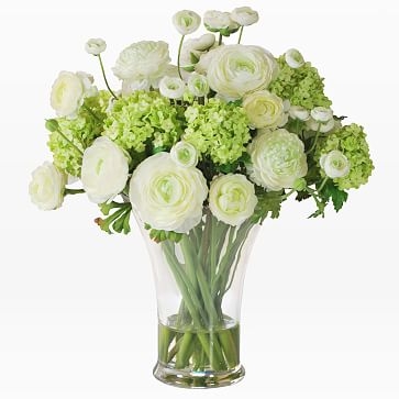Faux Ranunculus in Large Vase, White + Green - Image 0
