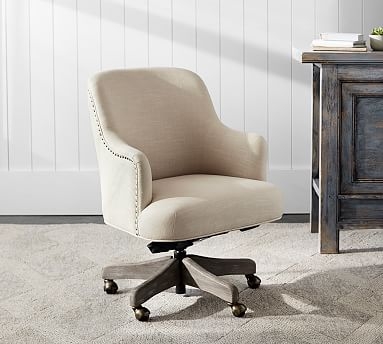 Reeves Upholstered Swivel Desk Chair, Gray Wash Frame, Performance Everydayvelvet(TM) Smoke - Image 0