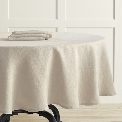 Italian Washed Linen Tablecloth, 90" Round, Flax - Image 0