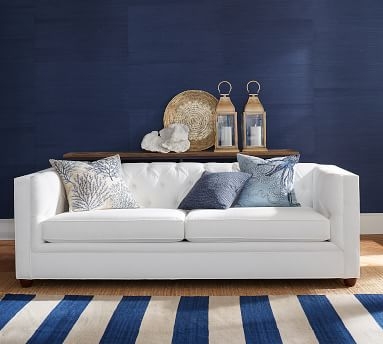 Chesterfield Square Arm Upholstered Sofa 83.5", Polyester Wrapped Cushions, Brushed Crossweave Navy - Image 2