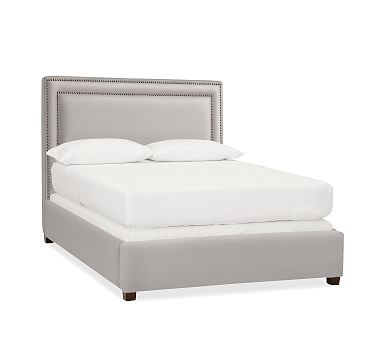 Tamsen Square Upholstered King Bed with Bronze Nailhead, Organic Cotton Twill Gray - Image 0