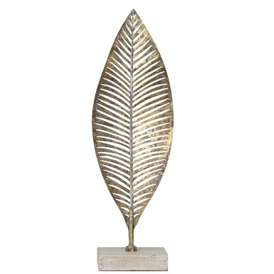 Jackson Heights Metal Leaf on Wood Base Sculpture-Small - Image 0