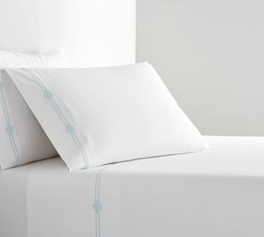 Emilia Embroidered Organic Percale Sheet Set, Queen, Sea Glass - Image 4