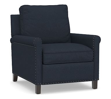Tyler Roll Arm Upholstered Recliner with Bronze Nailheads, Down Blend Wrapped Cushions, Performance Brushed Basketweave Indigo - Image 0