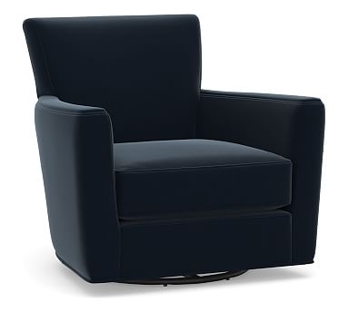 Irving Square Arm Upholstered Swivel Glider Armchair without Nailheads, Polyester Wrapped Cushions, Performance Plush Velvet Navy - Image 0