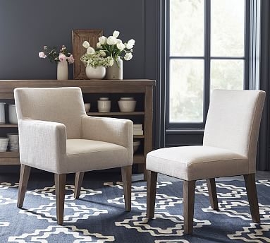 Classic Upholstered Dining Side Chair, Gray Wash Legs, Brushed Crossweave Navy - Image 0