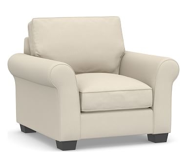 PB Comfort Roll Arm Upholstered Armchair 41.5", Box Edge Down Blend Wrapped Cushions, Performance Brushed Basketweave Ivory - Image 0