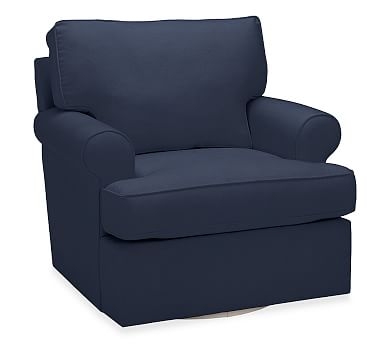 Buchanan Roll Arm Upholstered Swivel Armchair, Polyester Wrapped Cushions, Twill Cadet Navy - Image 0
