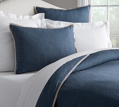 Belgian Flax Linen Contrast Flange Duvet Cover, King/Cal. King, Midnight/Natural - Image 0