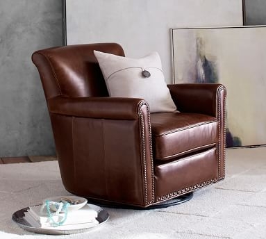 Irving Roll Arm Leather Swivel Armchair with Bronze Nailheads, Polyester Wrapped Cushions, Statesville Toffee - Image 3