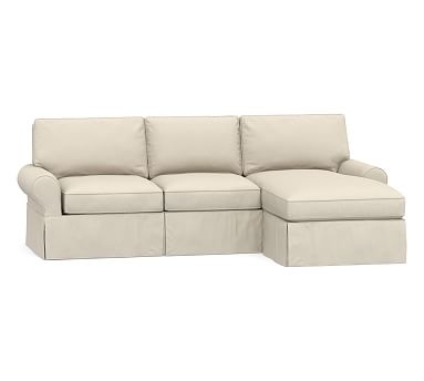 PB Basic Slipcovered Left Arm Sofa with Chaise Sectional, Polyester Wrapped Cushions, Performance Brushed Basketweave Ivory - Image 0