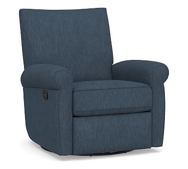 Grayson Roll Arm Upholstered Swivel Recliner, Polyester Wrapped Cushions, Performance Heathered Tweed Indigo - Image 0