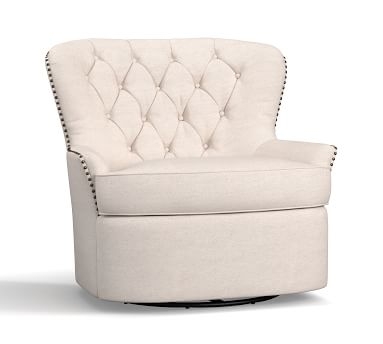 Cardiff Tufted Upholstered Swivel Armchair with Nailheads, Polyester Wrapped Cushions,, Performance Heathered Tweed Pebble - Image 1