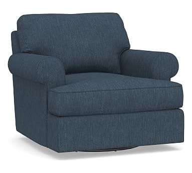 Townsend Roll Arm Upholstered Swivel Armchair, Polyester Wrapped Cushions, Performance Heathered Tweed Indigo - Image 0
