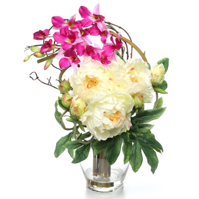 Angie Peony and Orchid Silk Floral Arrangements in Vase - Image 0