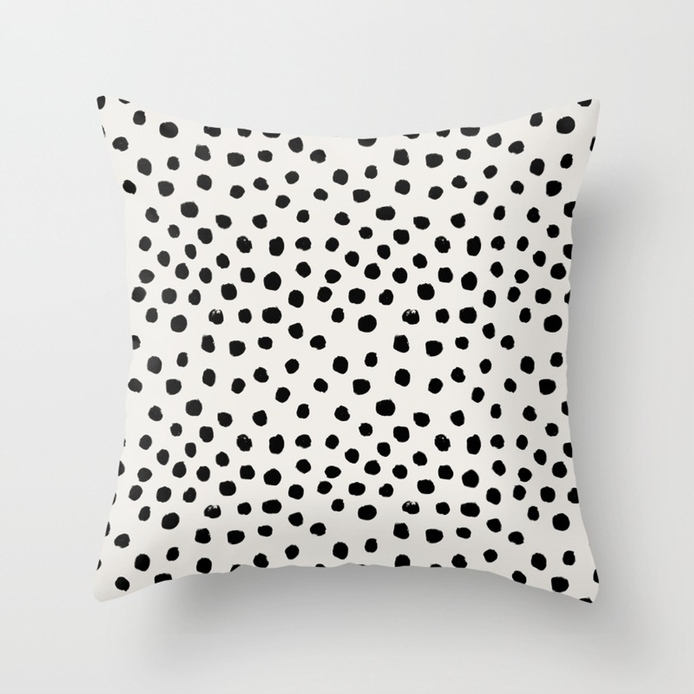 Preppy Brushstroke Free Polka Dots Black And White Spots Dots Dalmation Animal Spots Design Minimal Throw Pillow by Charlottewinter - Cover (20" x 20") With Pillow Insert - Indoor Pillow - Image 0