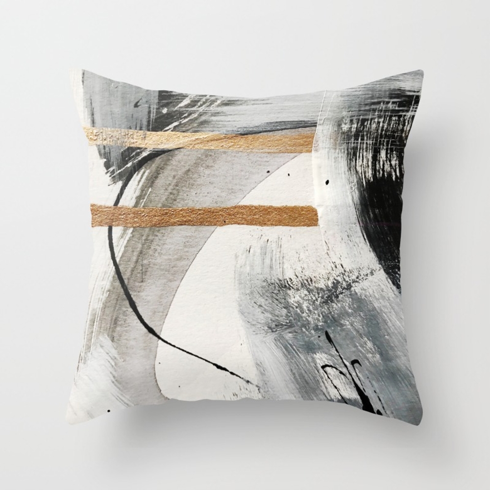 Armor [7]: a bold minimal abstract mixed media piece in gold, black and white Throw Pillow - Indoor Cover (18" x 18") with pillow insert by - Image 0