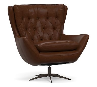 Wells Leather Swivel Armchair with Bronze Base, Polyester Wrapped Cushions, Legacy Chocolate - Image 0
