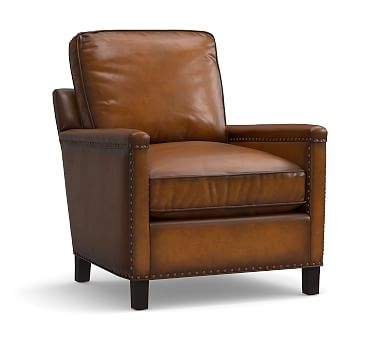 Tyler Square Arm Leather Armchair with Nailheads, Down Blend Wrapped Cushions, Leather Burnished Bourbon - Image 0