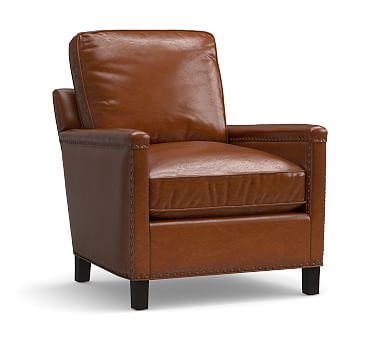 Tyler Square Arm Leather Armchair with Nailheads, Down Blend Wrapped Cushions, Legacy Dark Caramel - Image 0