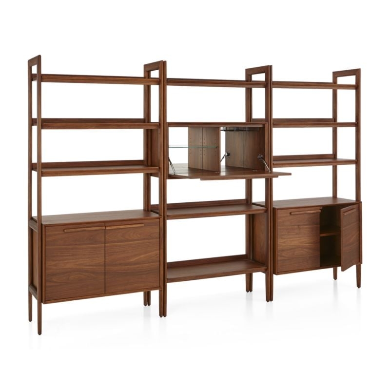 Tate Walnut Bookcase Bar Cabinet with 2 Bookcase Cabinets - Image 1