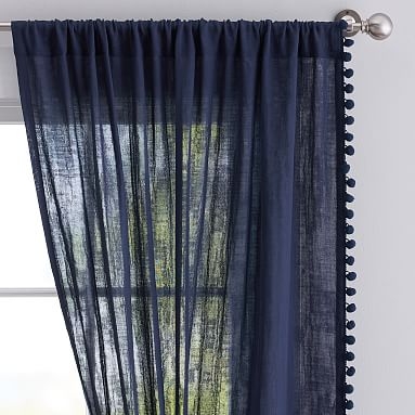 Side Pom Sheer Curtain, 96", Navy - Image 0