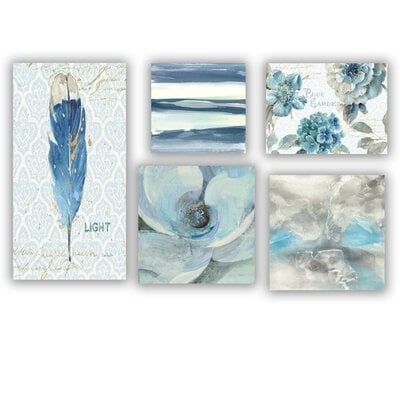Designart 'Blue Feather Collection' Traditional Wall Art set of 5 pieces - Image 0