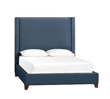 Harper Non-Tufted Upholstered Bed with Bronze Nailheads, California King, Tall Headboard 65"h, Brushed Crossweave Navy - Image 0