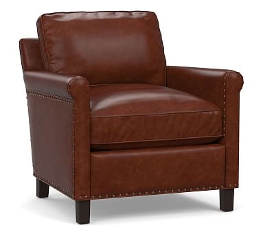 Tyler Roll Arm Leather Armchair with Nailheads, Down Blend Wrapped Cushions, Statesville Molasses - Image 2
